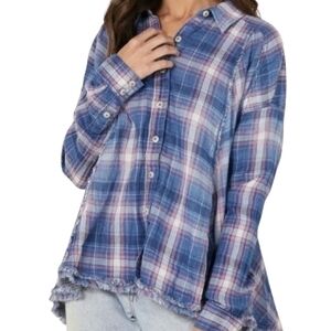 We The Free Seeking Starlight Plaid Button Down Raw Hem Oversized Top Size M